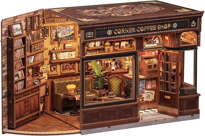 CUTEBEE Book Nook Kit, DIY Miniature House Kits for Adult and Teens, Dollhouse Booknook Tiny House, Bookshelf 3D Wooden Puzzle, DIY Craft Gifts for Family and Friends (Corner Coffee Shop)