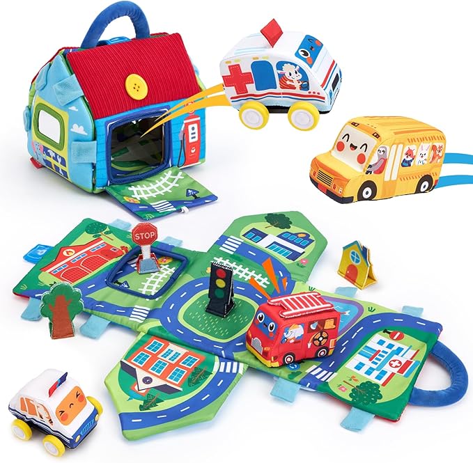 hahaland Baby Toys for 1 Year Old Boy Gifts - Soft Pull Back Cars, Sensory, Take-Along Cars Playset with Foldable Mat, 9 Month Old Baby Toys 6-12 Months Soft Toy Baby Gifts Christmas Stocking Stuffers