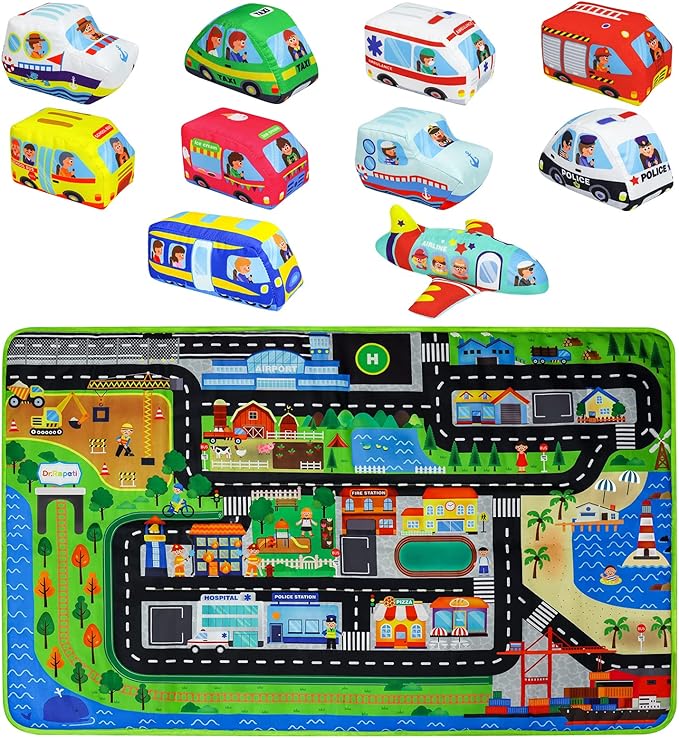 Dr.Rapeti Soft Toy Car Set for Babies Infants Toddlers Kids 1 Oversize Play Mat 10 Soft Toy Cars 47x30inches Washable Non-Toxic