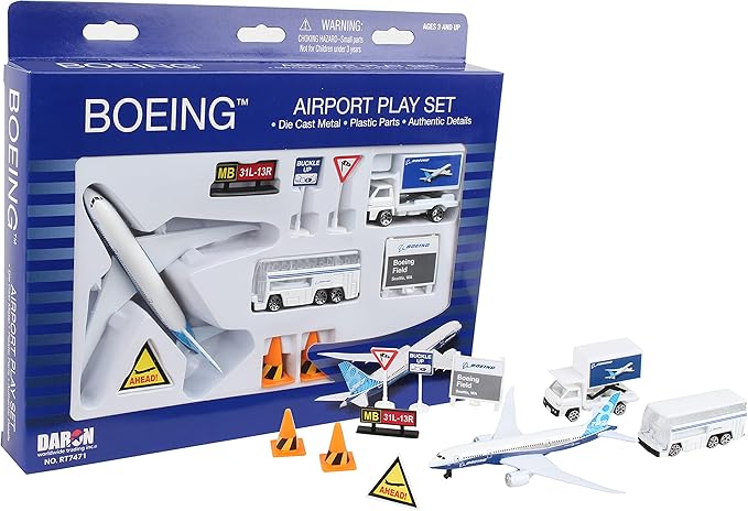 Daron Airport Playset – Boeing 787 – Die-Cast Metal Airplane Toy with Plastic Accessories and Vehicles for Kids Ages 3+