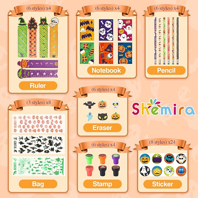 Shemira Halloween Party Favors for Kids,168pcs Halloween Stationery gift kit,Halloween Miniatures Prizes,Trick or Treating Goodie Bag Fillers including Notepad,Stamper,Sticker,Pencil,Eraser,Ruler