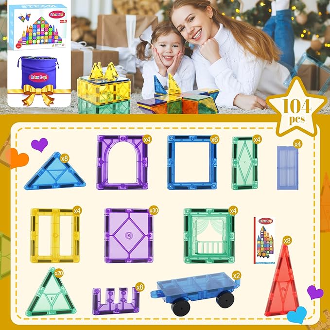 Magnetic Tiles 104PCS with 2 Cars – Montessori Magnetic Blocks for Toddlers | Sensory Toys, Outdoor Activities, Classroom Must Haves, 3 Year Old Girl Gifts, Toys for 3 Year Old Boys