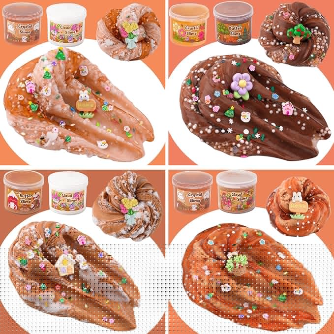 LAWOHO 6 Packs Brown Slime Kit - Cloud, Butter & Clear Slimes with Garden Add-ins, Crunchy Slime for Kids Party Favors for Girls and Boys, 360ml Slime Kits Birthday Halloween Christmas Easter Gifts