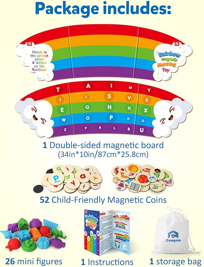 Coogam Rainbow Alphabet Learning Toy, Magnetic Letters and Mini Figures Sorting Matching Game, Fine Motor Educational Teaching Activity for Preachool Kids 3 4 5 Year Old