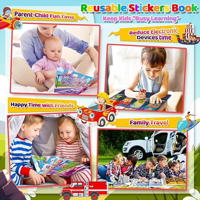 Sticker Book for Kids, 230+ Dinosaur & 134+ Vehicle Stickers & 16 Scenes, Reusable Activity Sheet, Seek and Find Sticker Coloring Pad, for Boys Girls Toddlers Ages 2-4 4-8 Years Old 3-5 6-7