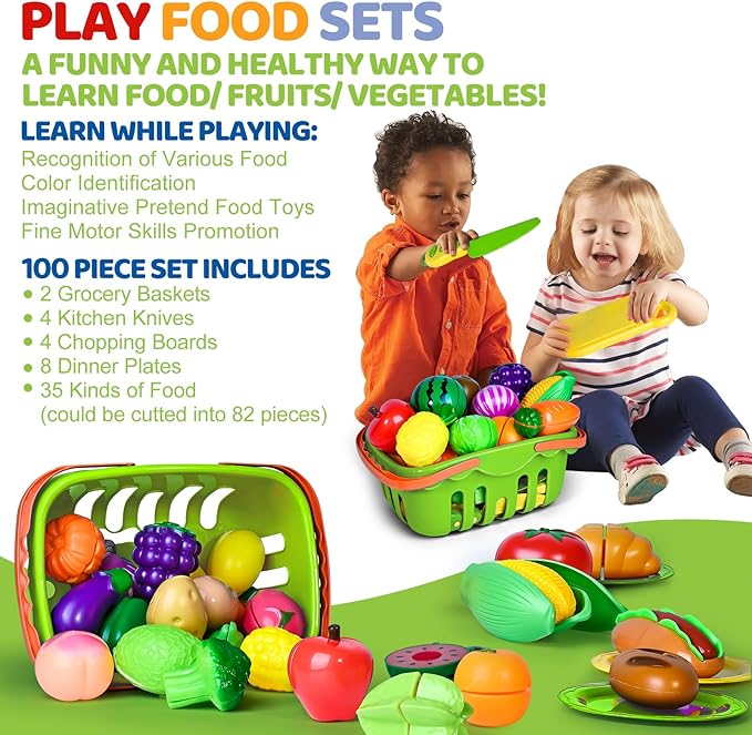 100 PCS Cutting Play Food Toy for Kids Kitchen, Pretend Food Toys for Toddlers, Play Kitchen Toys Accessories with 2 Baskets, Fake Food/Fruit/Vegetable, Birthday Gifts for 3 4 5 6 Years old Girls Boys