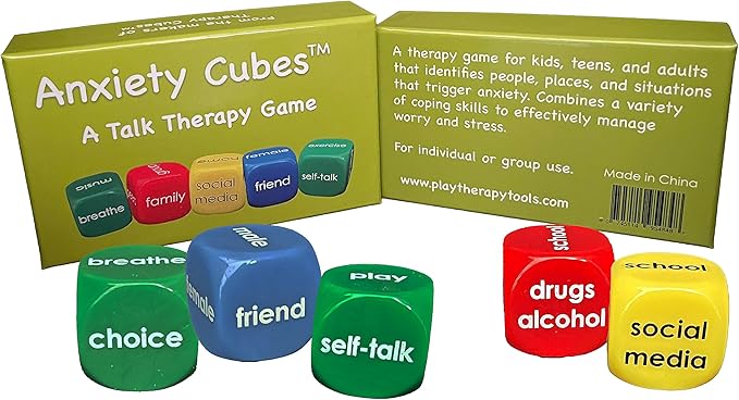Anxiety Cubes Therapy Game identifies people, places and situations that trigger anxiety. For kids, teens, adults. Learn coping skills for difficult emotions. Individual or group sessions.
