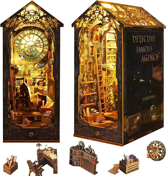 Book Nook Kit Detective Agency, DIY Booknooks Kit for Adults Teens with Sensor Lights, Bookshelf Diorama Miniature Scenes Insert Decor, 3D Wooden Puzzle Miniature House Kit Gifts