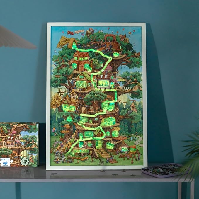 MOMIBOOK 1000 Piece Puzzle for Adults Jigsaw Puzzles of The Wonderful Tree House Expedition, Luminous Painting Image Challenging Hard Impossible Puzzle Unique Funny Party Christmas Birthday Gifts