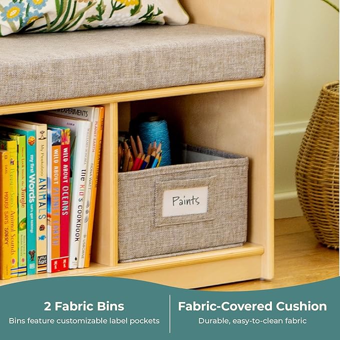 Guidecraft EdQ Kids' Reading Nook - Natural: Wooden Storage Bench Bookcase Organizer with Divided Cubbies and Bins for Books and Toys | Preschool and Homeschool Furniture