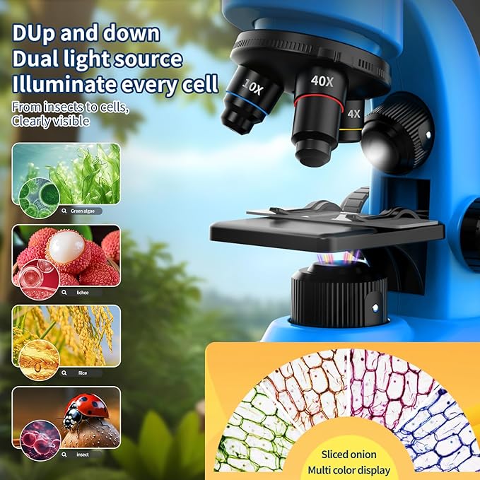 Microscope for Kids Scientific Experiment Kit 40X-1600X Magnification LED Light Educational STEM Kit with Slides and Lab Tools (Blue)