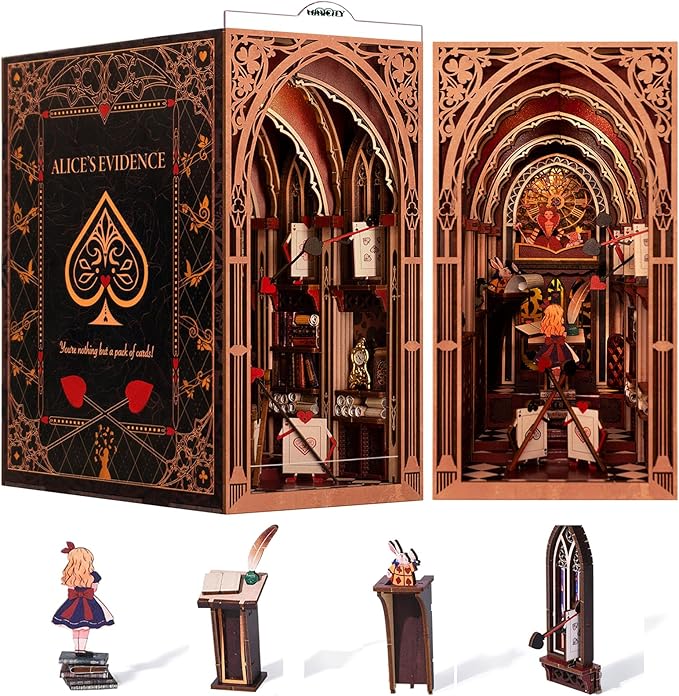 𝗠𝗶𝗻𝗶𝗖𝗶𝘁𝘆 Book Nook Kit, DIY Miniature Dollhouse Booknook Kit, 3D Wooden Puzzle Bookend Bookshelf Insert Decor with LED Light for Teens and Adults (Alice in Wonderland)