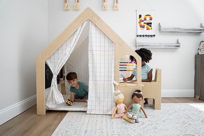 Avenlur Flair - 5 in 1 Indoor Playhouse with Desk Table, Chair, Chalkboard, Floor Cushion and Curtain Shades - Montessori and Waldorf Style for Ages 1 to 8 Years Old - (Large, Colorful Balloons)