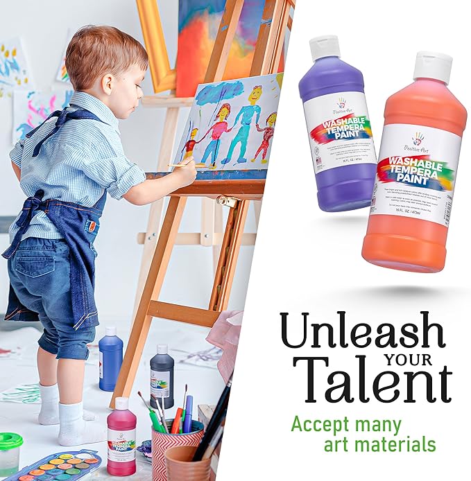 Positive Art Washable Paint for Kids – (8 Colors, 16 oz Each) Made in USA, Non-Toxic Tempera Paint Set – Bulk Classroom Paints for Students, Finger Painting, School Use – 8 Pack
