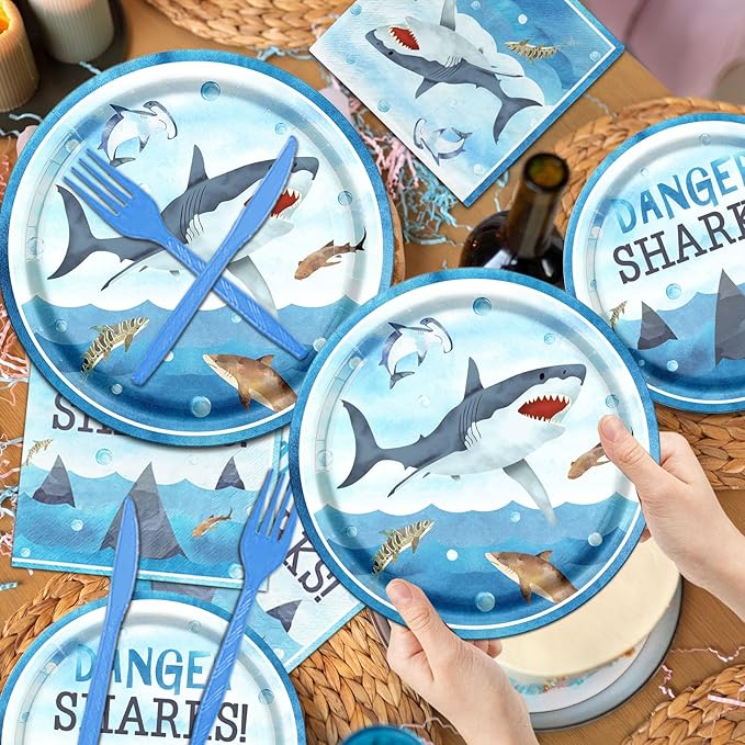 Shark Birthday Party Decorations, 142Pcs Shark Birthday Supplies Tableware Set Includes Plates and Napkins, Cups, Banner, Tablecloth for Baby Shower Ocean Shark Under The Sea Theme Party Supplies