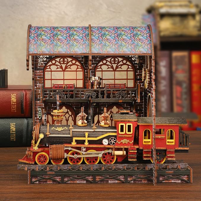 DIY Book Nook Kit for Adults - LED Magic Station Book Nook with Steam Train, Mini House Bookshelf Decor 3D Wooden Puzzles with LED Light, Alley Model Build Birthday Gift for Family, Friends