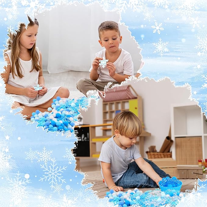 700PCS Winter Sensory Bin Items Christmas Sensory Bin Filler 240 Pompoms 450 Resin Snowflake 6 Cups 6 Tweezers 1 Storage Box for Winter Xmas Sorting Counting Training Preschool Education Activities