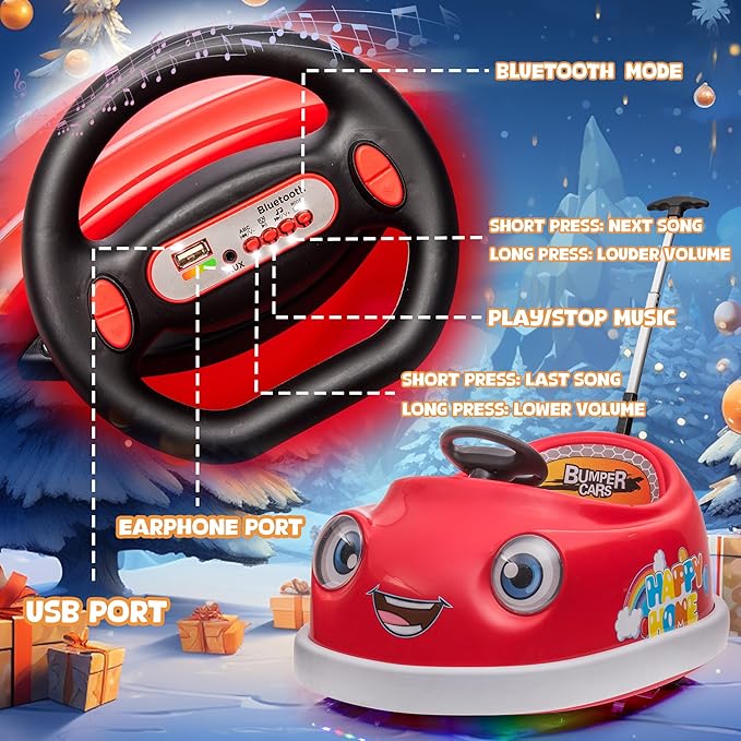 12V Dual Battery Electric Ride on Kids Bumper Car w/Remote Control,360 Degree Spin,Push Rod Rocker Horse Function,3-Speeds Babies & Toddlers Bumping Car Ride on Toy Gift for 1-4 Years Children (Red)