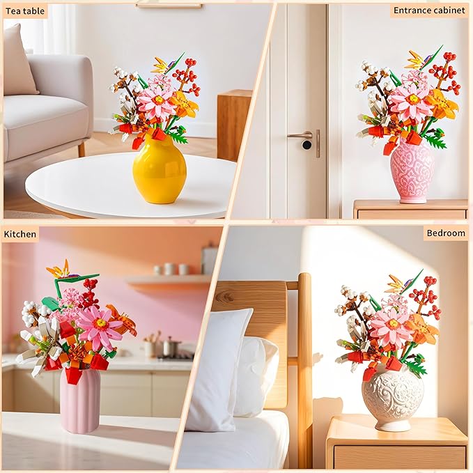 Sawaruita Pretty Pink Flowers Bouquet Building Blocks for Adult,Wildflower Botanical Collection with Vase -Plants Block Toy for Home&Office Decor,Gift for Valentine's Day,Mother's Day,Birthday
