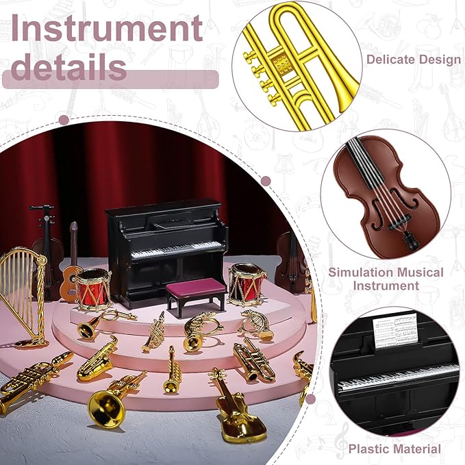 Civaner 24 Pcs Dollhouse Musical Instruments Christmas Miniature Violin Piano Trumpet Saxophone Electric Guitar Tiny Instruments Set for Xmas Party Gift Mini House Musical Room Succulent Garden
