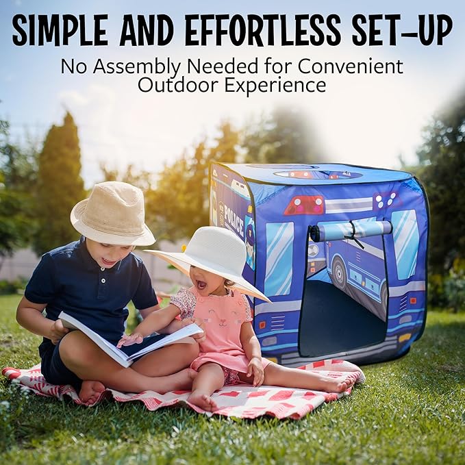 Playbees Police Car Pop Up Play Tent with Sound Button Super Hero Playhouse for Interactive Fun Play Toys & Gifts for Kids Toddlers Boys Girls Pop Up Car Tent Foldable Quick Setup - Indoor & Outdoor