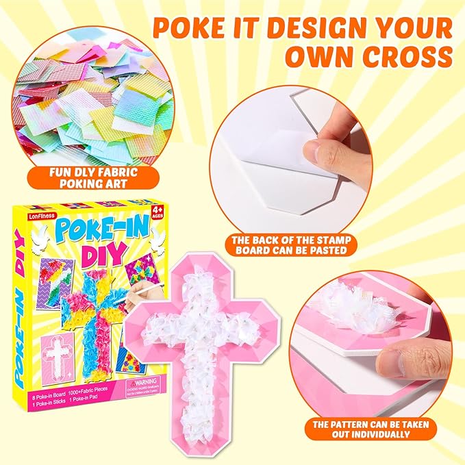 8PCS Poke-in Craft and Art Kit Kids Religious Cross Themed No-Mess Fabric Sewing Art Girl Boy 4-12 Puzzle Puncture Painting Christian Sunday School VBS Creative Activity Game Birthday Party