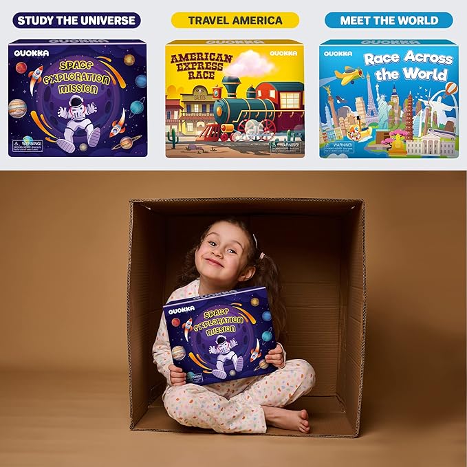 QUOKKA 3X Set Learning Board Games for Kids 6-8 - Educational Trivia Cards Ages 8-12 - Travel United States - World Map - Explore Outer Space - Gift for Children and Teens 4-8 - Floor Puzzles