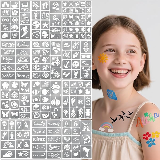 Yazhiji 167 PCS Temporary Tattoo Stencils for Kids, Face and Body Paint Stencils, Girl Boy Glitter Tattoos Pack for Kids Halloween School Show Birthdays Summer Christmas Party Favor Supplies