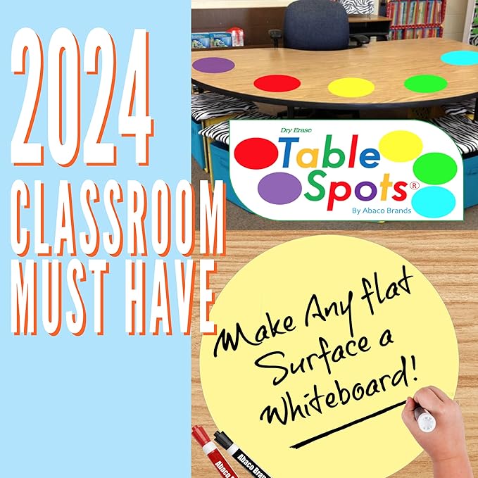 New Larger Size! | The Original Table Spots for Teachers | No Staining, No Shadowing, Complete Erase! Dry Erase, 10 Pack Multicolor Circles, Wall Stickers, Decals