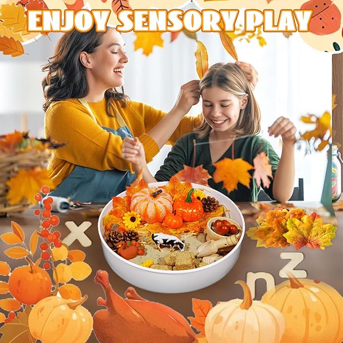 Hiawbon Thanksgiving Sensory Bin Kits, Fall Sensory Bin Fillers, Maple Leaves Pumpkins Pine Cones Sensory Box for Thanksgiving Fall Decor Birthday