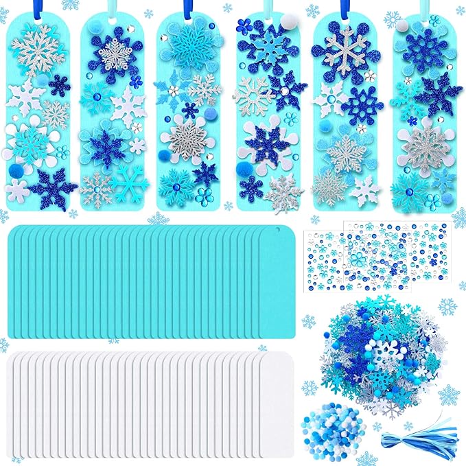 Resholder 490 Pcs Winter Crafts Kits DIY Winter Snowflake Bookmark Ornaments Christmas Snowflake Bookmark Craft with Stickers, Arts and Crafts for Home Party Favor Holiday Activities