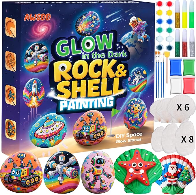 Awsoo Shell & Rock Painting Kit- Space and Rocky Glow in The Dark Arts and Crafts for Kids Ages 8 9 10 11 12, Art Supplies Craft Paint Kits, Birthday Party Gift Toy