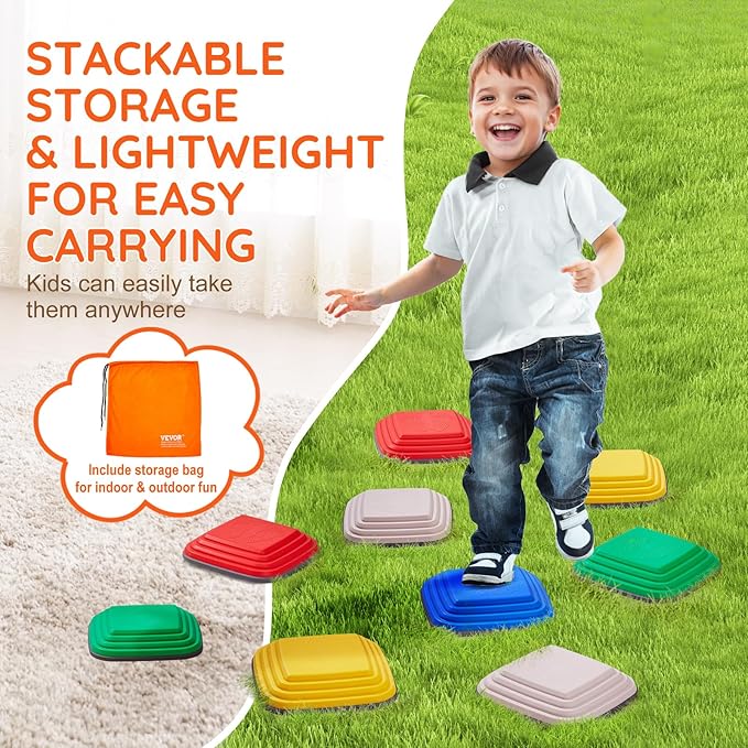 VEVOR Balance Stepping Stones for Kids, 10 PCS, Up to 220 lbs, Non-Slip Toddlers Sensory Stepping Stones, Obstacle Course Coordination Game Toys Indoor or Outdoor Play for Children Aged 3 4 5 6 7 8+