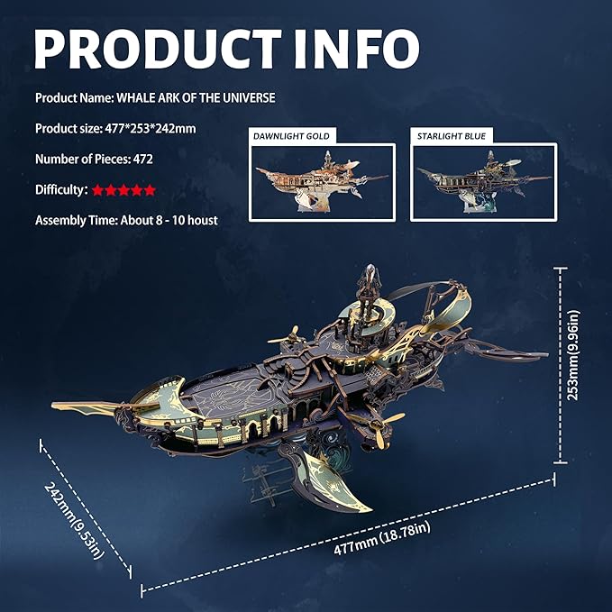 DIY 3D Wooden Puzzle Whale Spaceship,Miniature Wooden Dollhouse Model for Adults to Build,Gifts for Family Friends - Whale Ark of The Universe (Dawnlight Gold)