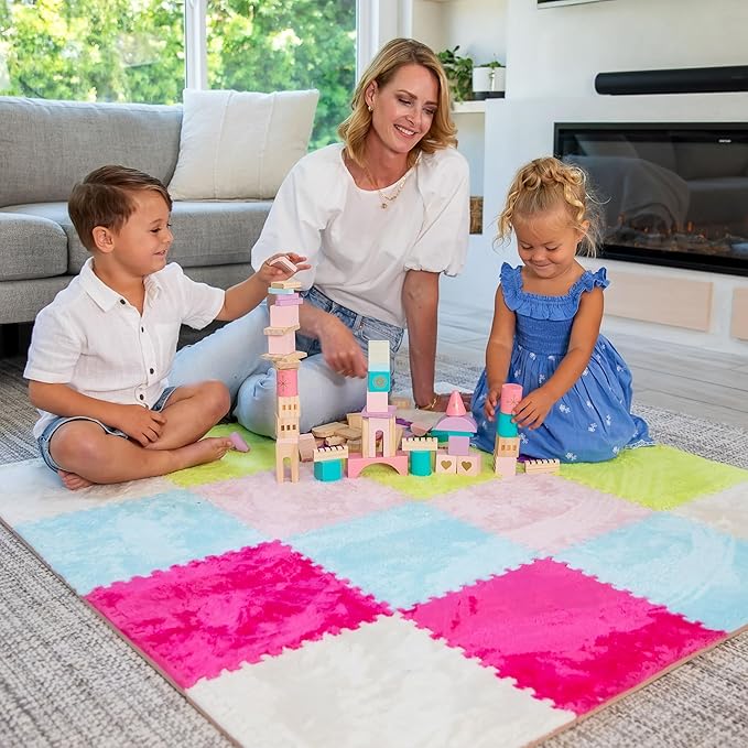 16 Piece Carpet Squares Puzzle Mat 49" x 49" Plush Interlocking Carpet Tiles, Foam Floor Tiles for Baby Play Mat - Kids Soft Play Mats Anti Slip Jigsaw Flooring Playmat Playroom Rug (Multi-Color)