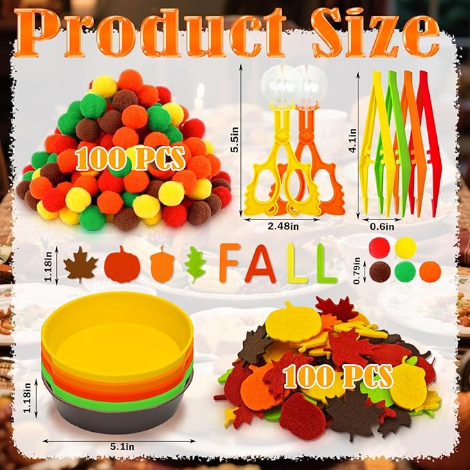 211 Pcs Fall Sensory Bin Filler Fall Sensory Bin Items Fine Motor Toys Counting Sorting 100 Pom Poms 100 Fall Felt Leaves Pumpkin 5 Sorting Cup for Fall Sorting Counting Training