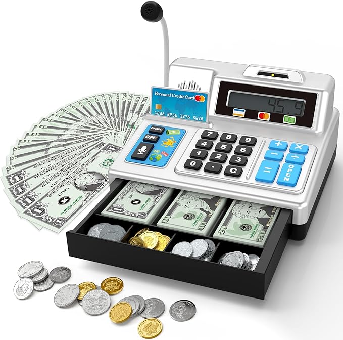 Calculator Cash Register Toy Gift for Kids Age 3, 4, 5, 6, 7, 8+ Year Old, 103 Pcs Pretend Grocery Store Playset with Toy Cash, Microphone, Credit Card, Play Cash Register for Toddlers 4-8, Silvery