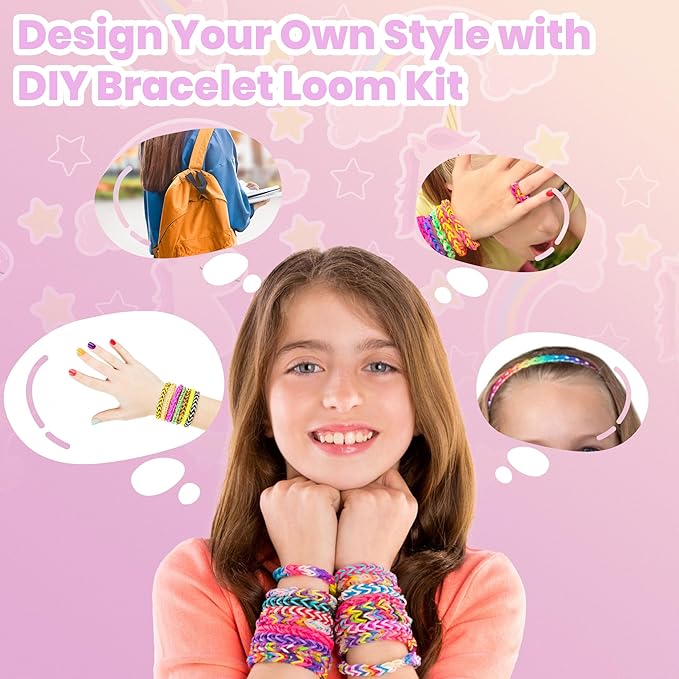 FUTESI Bracelet Making Kit for Girls Ages 8-12, Weaving Rainbow Bands kit,DIY Toys for Friendship Birthday Gifts for Kids 6 7 9 10 11 13 Year Old, 1200+ Elastic Cloth Rubber Band Fabric Loops