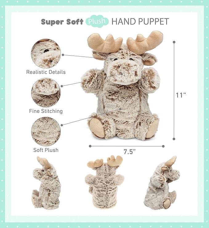 DolliBu Moose Plush Hand Puppet - Super Soft Stuffed Animal Hand Puppet Moose Toy for Kids, Educational Puppets for Teaching Wild Animals for Toddlers