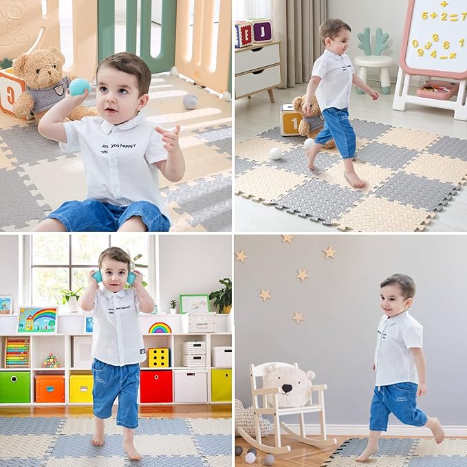 16 Tiles Foam Play Mat for Baby, Soft & Safe EVA Foam Mats for Floor, Square Baby Play Mat, Solid Colored Kids Foam Puzzle Floor Mat, 47x47 Play Mat for Playpen(Beige/Gray)