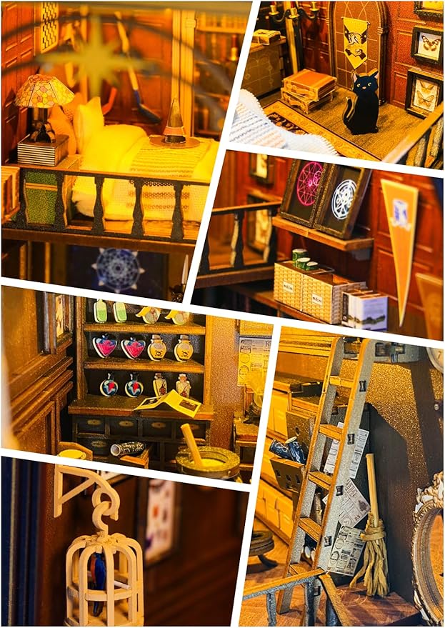 DIY Book Nook Kit with Music Box, 3D Wooden Puzzle Dollhouse with LED, Magic House Bookend for Adults and Teens, Bookshelf Decoration, Creative Gift for Friends and Family. Mira Magic House