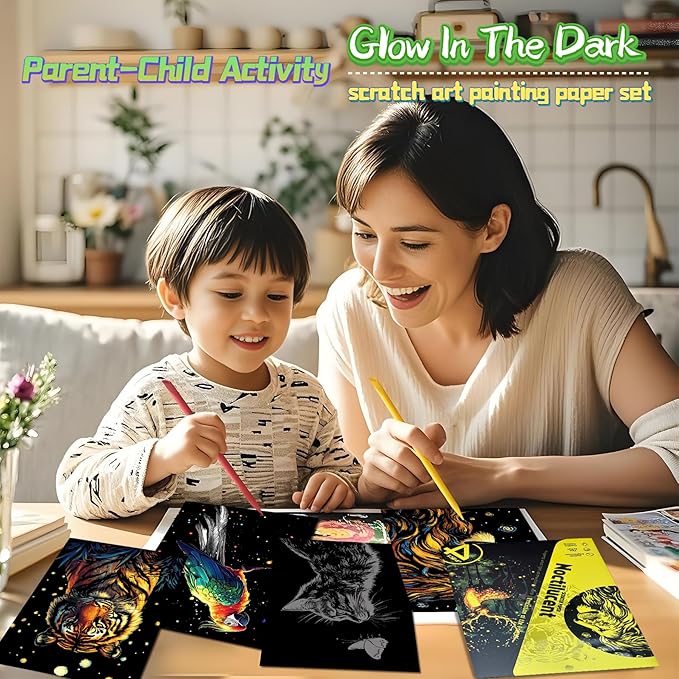 Scratch Paper Art for Adults-Glow in The Dark Scratch Painting Craft Kit (8 Sheets A5)|DIY Foil Engraving Art Set|Stress Relief Gift for Craft Lovers|Creative Scratch Art Home Decor(Animal Series)