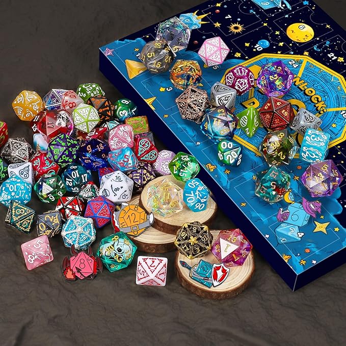 QMAY Polyhedral Dice - 24 Pcs Mystery Dice Box, Random Styles Dice & Pins Badges, Bulk DND Dice, Dice Advent Calendar, D&D Gifts, Great for Dungeons and Dragons, RPG, MTG,Role Playing Table Game
