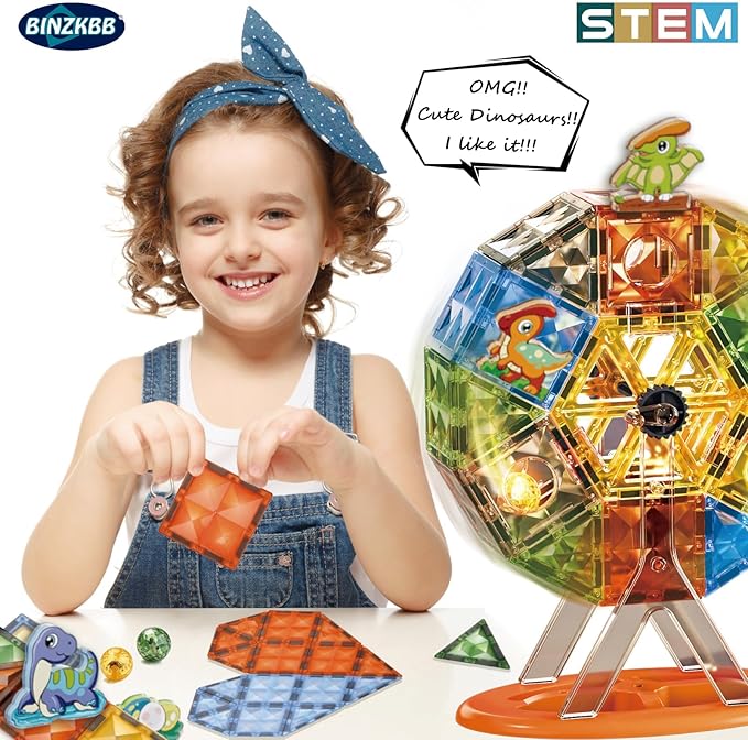 Magnetic Tiles 110PCS - 3D Lighted Magnet Building Blocks for Kids,Creative Dinosaur Toys Educational Sensory Stack STEM Construction Toys for Kids Ages 3 4 5 6 8 10+ Year Old Boys Girls
