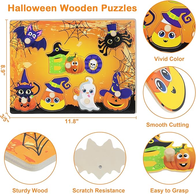 2Pcs Halloween Wooden Peg Puzzles, Halloween Toys for Toddlers Educational Puzzle Kids Hallow EEN Party Favors Basket Stuffers Fillers Favors Hallow EEN Treats Non Candy Goodies for Boys Girls