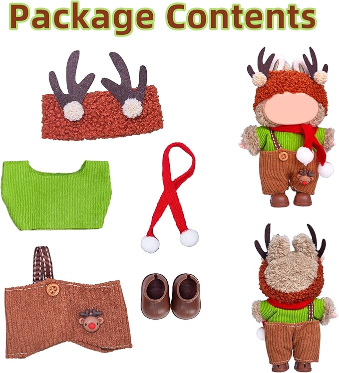 17cm Doll Clothes Set (No Doll), 5 Pieces Outfit Set for 6.7inch Dolls Suit, Stylish Adorable Dolls Christmas Clothes Accessories,Includes—Moose hat + Scarf + Top +Overalls+ Shoes(Style G)