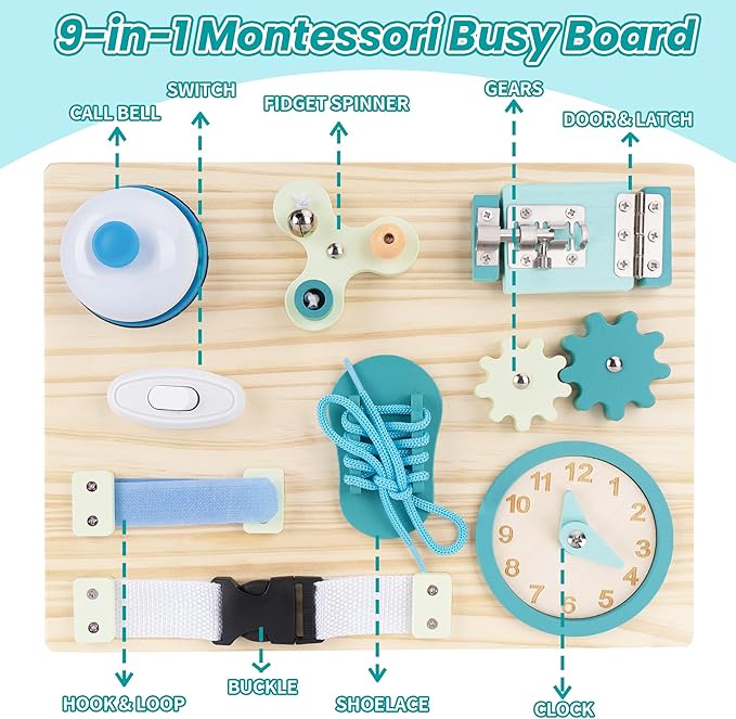 ATOYUS Montessori Busy Board Toys for Toddlers, Learning Educational Toys for 3 Year Old, Wooden Sensory Activity Toys for Kids 3-4 with Autism, Christmas Birthday Gift for Baby Boys Girls Ages 3-5