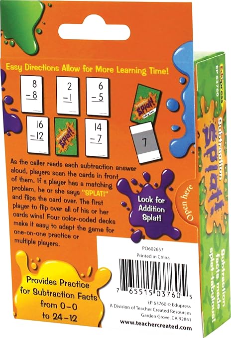 Edupress Math Splat™ Game: Subtraction Grades 2+ (EP63760) , 3.5 H x 5.625 L x 2.25 W