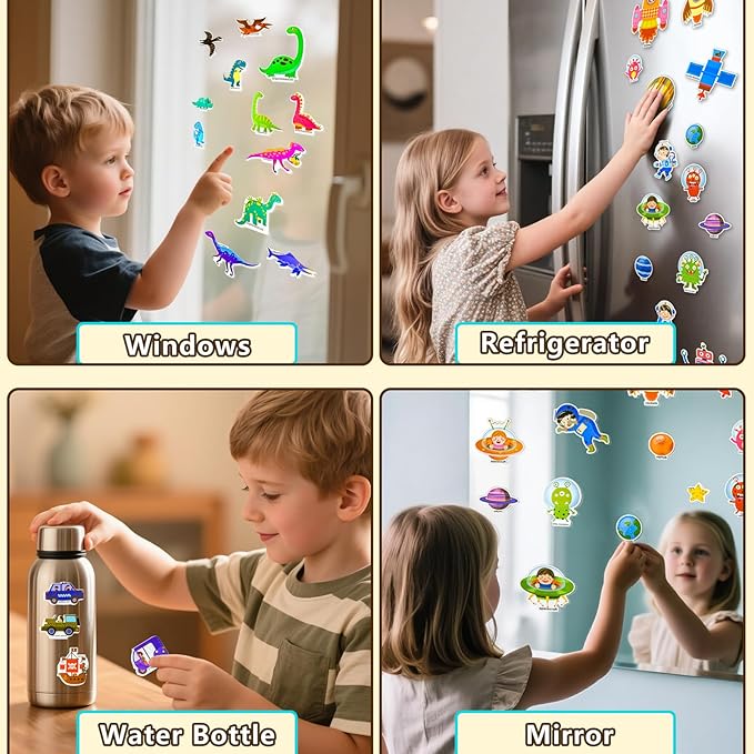 3 Pack Reusable Sticker Books for Kids, Waterproof Puffy Stickers - Match the Shape and DIY Scene, Toddler Travel Essential Quiet Time Activities Toys - Vehicle, Space and Dinosaur (2-6 Age)