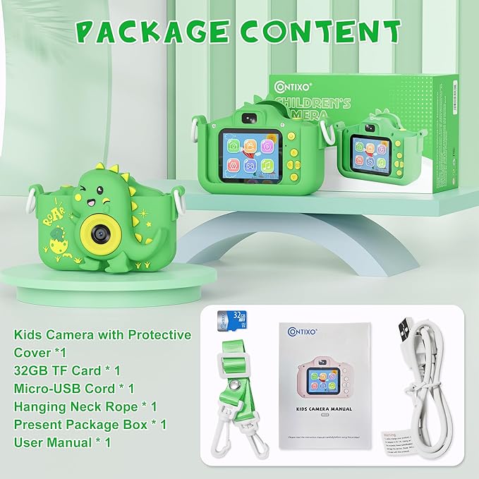 Contixo KC3A Kids Digital Camera - 1080P Toddler Camera with Selfie Mode, Games, Sound Recording, 8X Zoom, 32GB SD Card, USB-C Rechargeable Educational Toy for Boys Girls Ages 3-8, Green